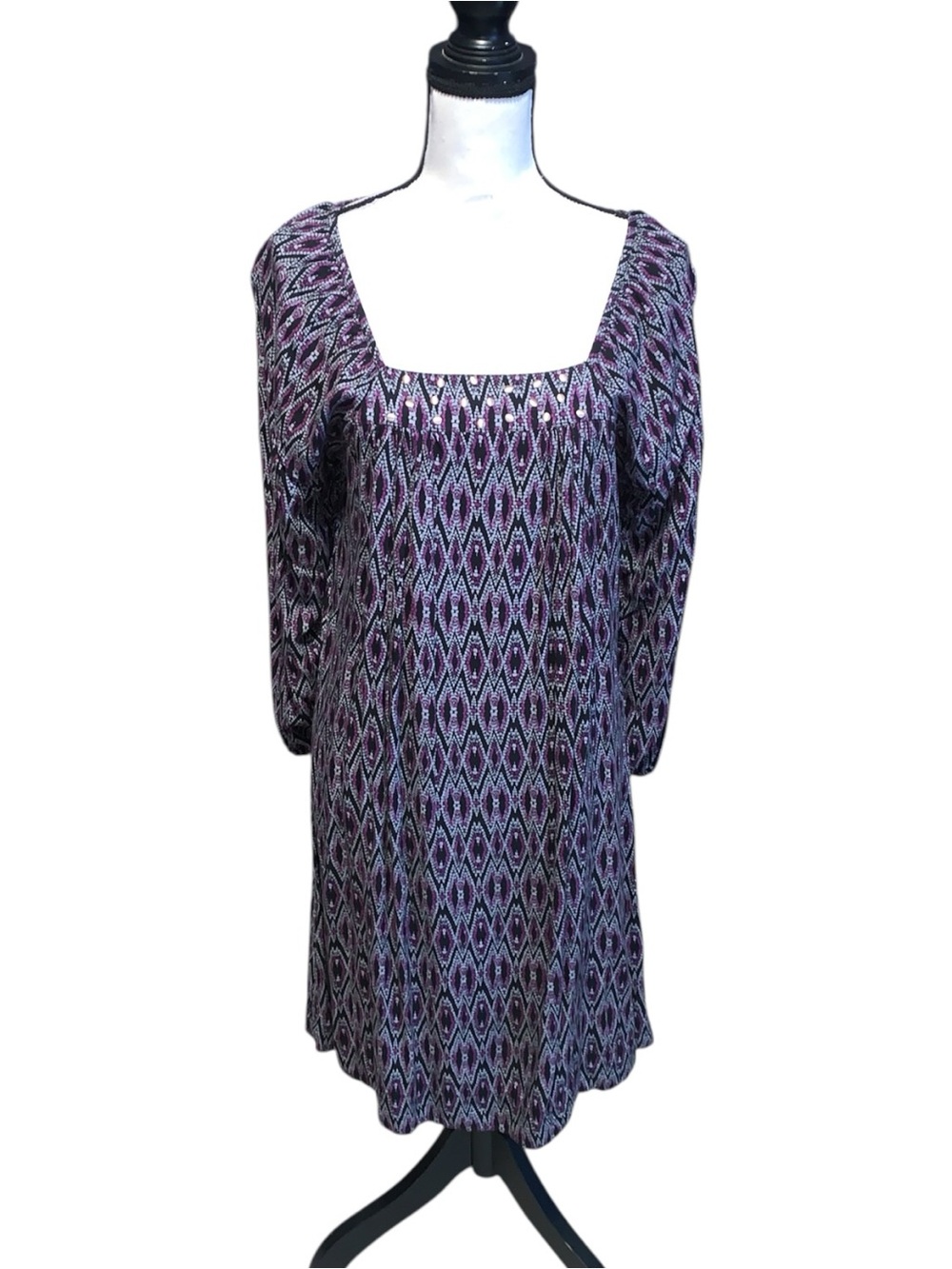Cruel Purple Silver Geometric Long Sleeve Dress Lightweight Midi
